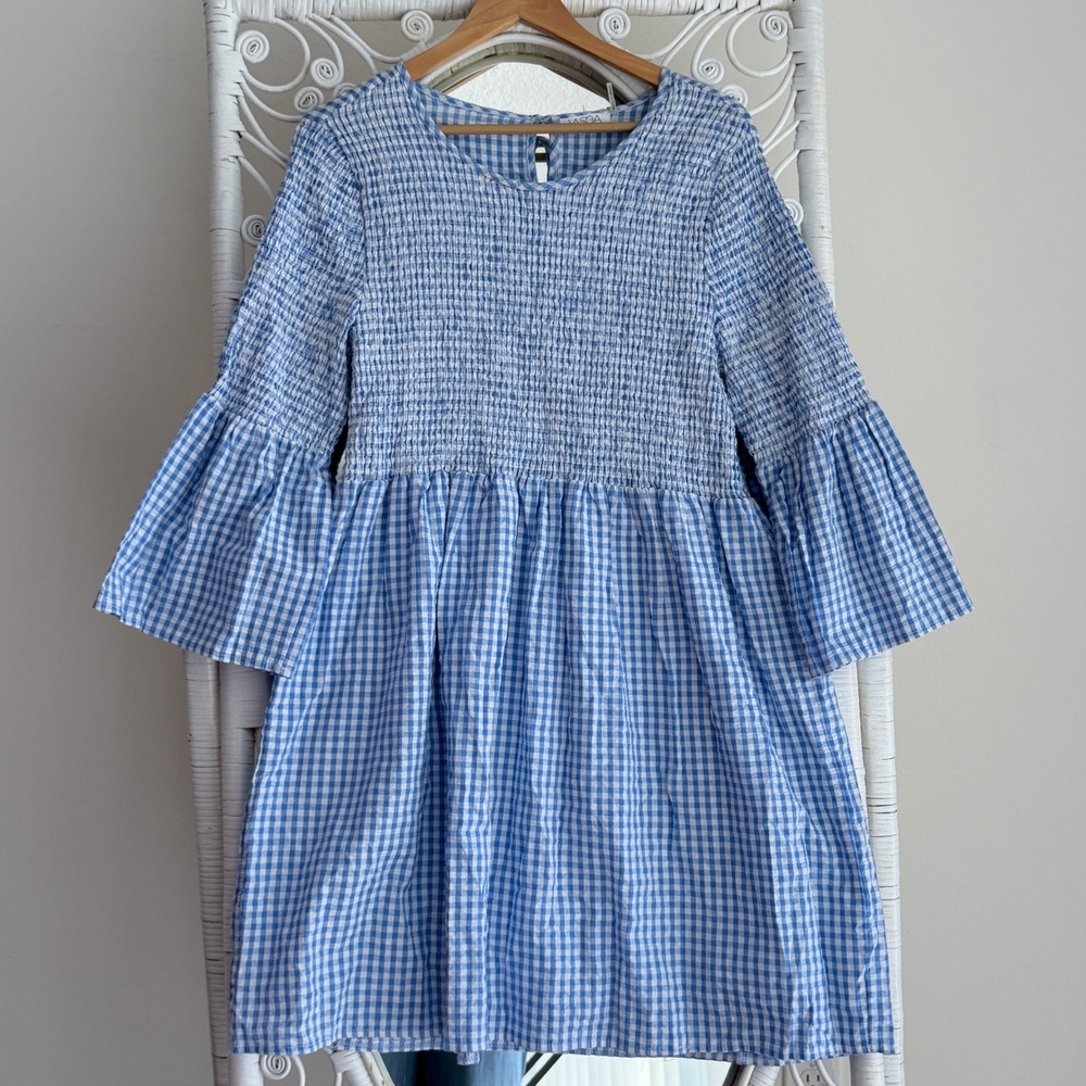 Vasna gingham dress XL blue white check Seersucker Smocked Tunic Flared Sleeve